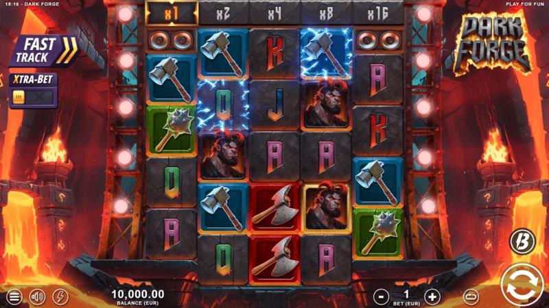 Dark Forge – hlavná herná obrazovka so sieťou 4-5-5-5-4